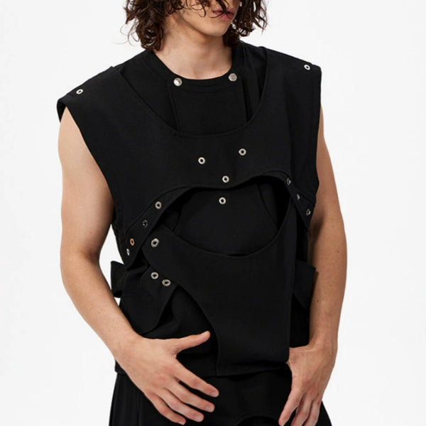Chaleco Negro de Diseño Deconstruido en Poliéster