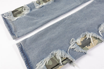 Pantalones Rectos de Camuflaje con Parches y Flecos Rotos para Hombre - Image 3