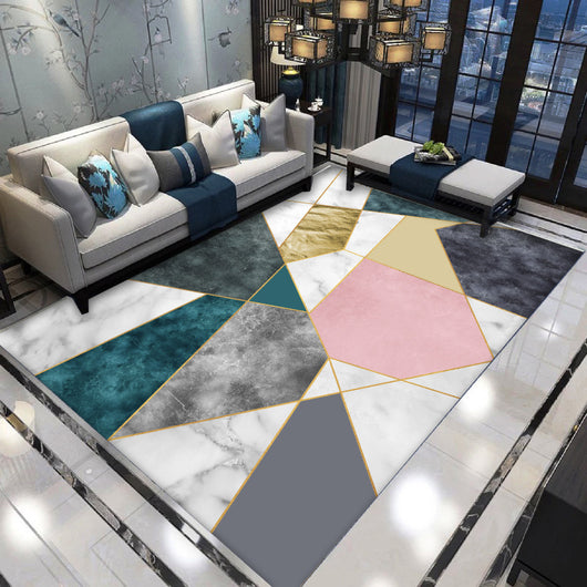 Nordic light luxury rectangular carpet with geometric abstract pattern in pink, teal, grey, gold, and white marble. - Image 2