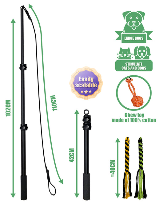 Telescopic dog teasing rod toy with black foam grip and multiple colorful rope attachments, including a carrying bag. - Image 17