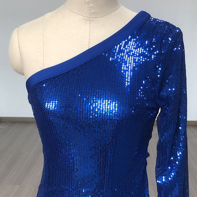 Vestido Azul con Lentejuelas en Hombros y Manga Larga Ajustado - Image 9