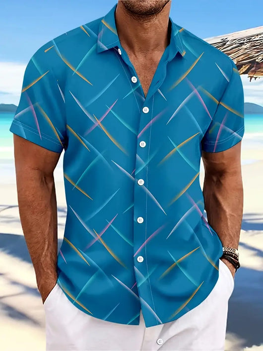 Camisa de Playa Hombre Rayas Plumas - Manga Corta Botones Casual Verano - Image 11