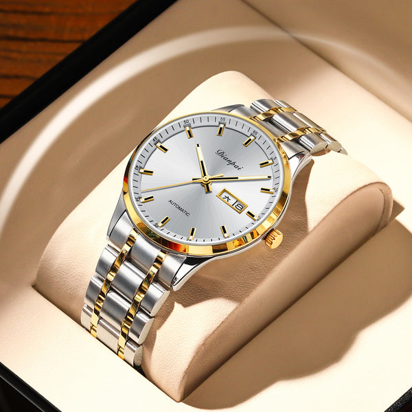 Reloj Mecánico Automático de Acero Inoxidable con Correa de Metal, Resistente al Agua e Iluminación Nocturna