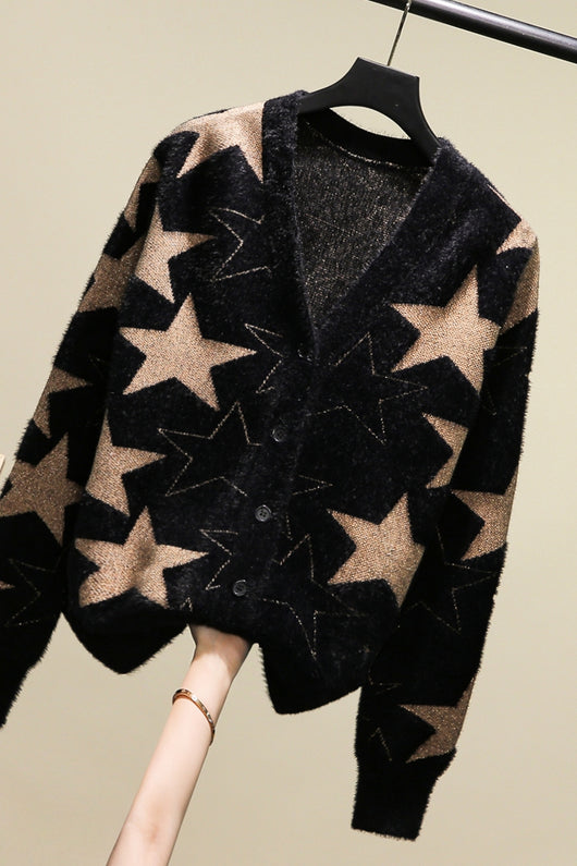 Cardigan Tejido Corto para Mujer con Estrella de Cinco Puntas en Terciopelo Visón - Image 4