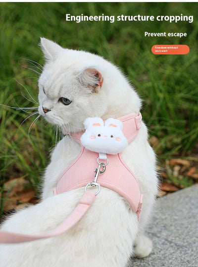 Pink corduroy pet harness and leash set with a white plush rabbit design, shown with a size chart. - Image 13