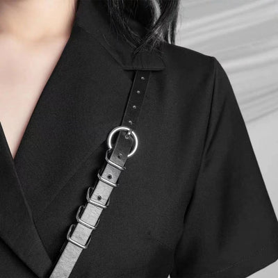 Black waist belt with single shoulder strap, silver buckle, D-rings, and decorative chain. - Image 7