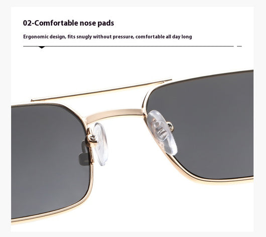 Black rectangular sunglasses with a double beam and dark gray lenses, angled on a white background. - Image 18