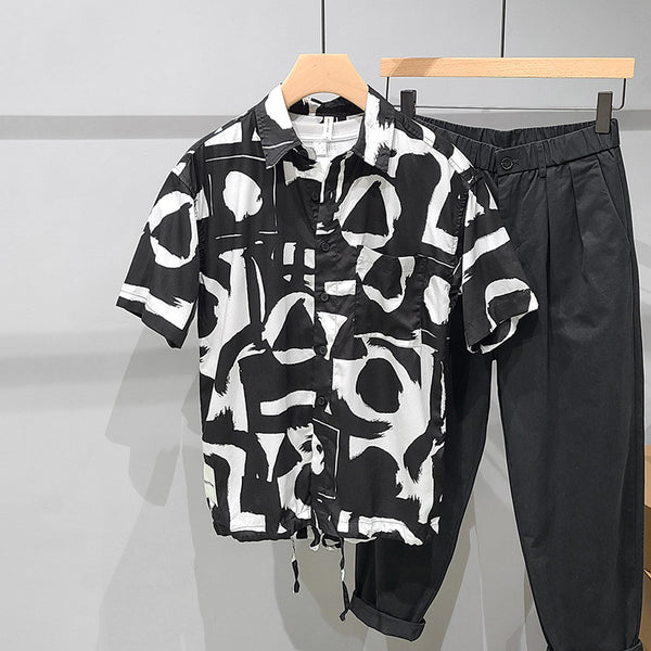 Camisa Manga Corta Hombre Bloques de Color Negro y Blanco
