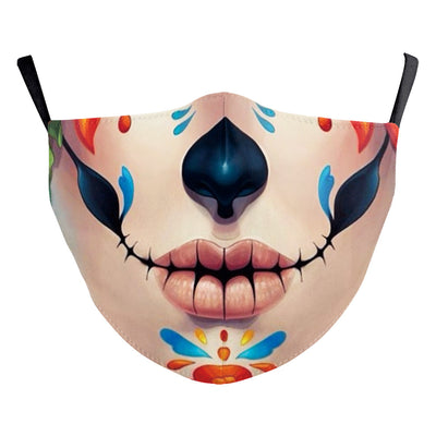 Digital printing dust mask with a funny ghost face and clown design, featuring a sugar skull pattern in red, yellow, and brown. - Image 9