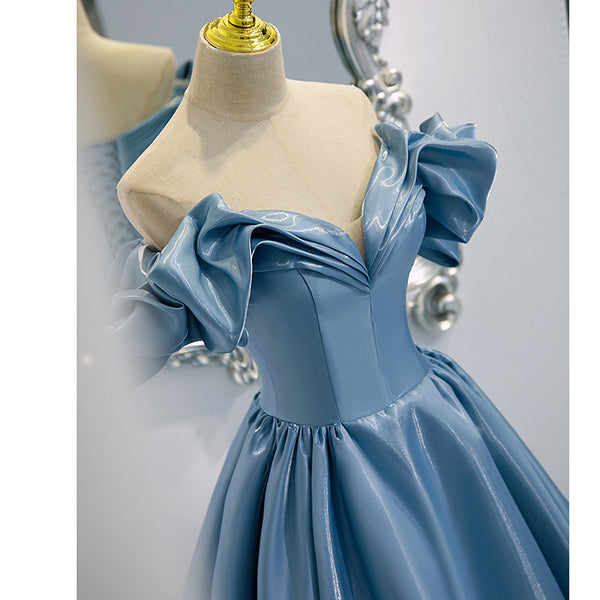 Vestido de Satén Azul Largo Asimétrico de Un Hombro - Image 5