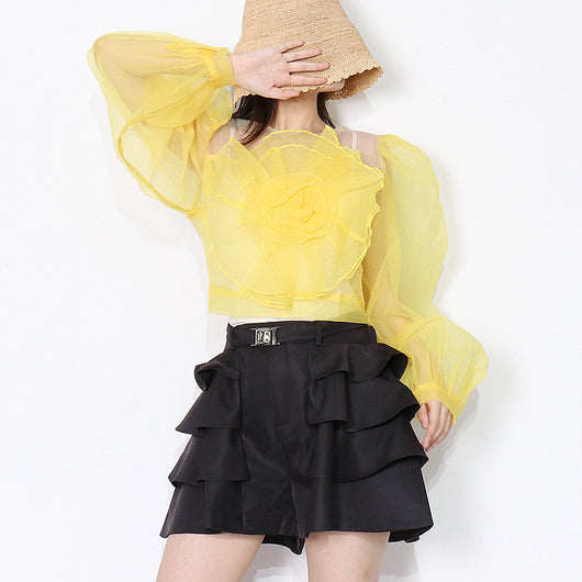 Blusa Cuello Redondo con Mangas Abullonadas y Flores en Relieve - Image 12