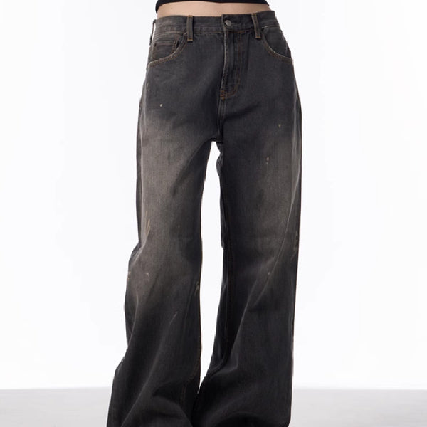 Jeans Rectos Anchos con Efecto Desteñido y Salpicaduras de Tinta para Mujer