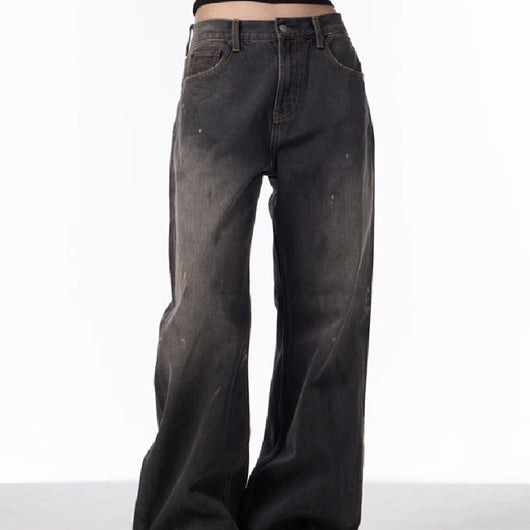 Jeans Rectos Anchos con Efecto Desteñido y Salpicaduras de Tinta para Mujer