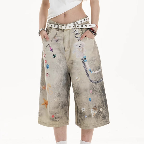Jeans Anchos Sueltos Estampados Cropped para Mujer