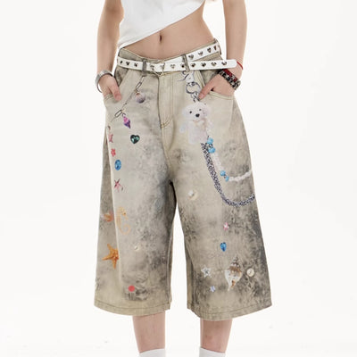 Jeans Anchos Sueltos Estampados Cropped para Mujer