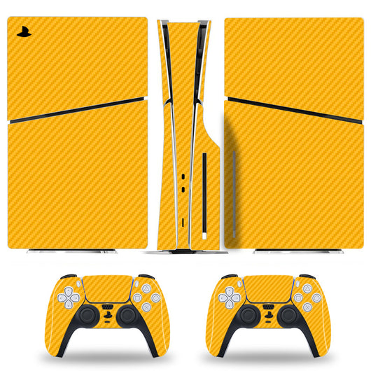 Red carbon fiber pattern skin set for Sony PS5 Slim console and two DualSense controllers, shown applied.