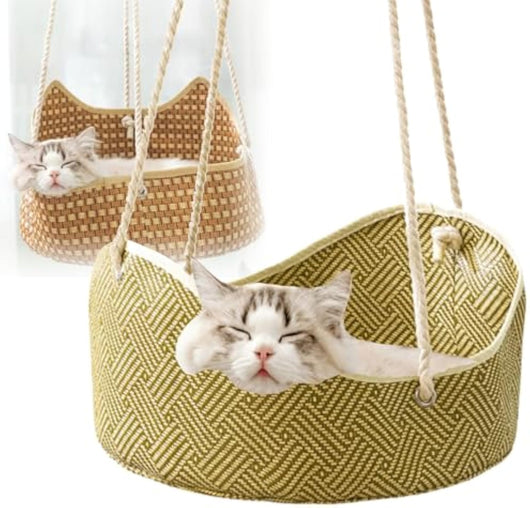 Hamaca Respirante para Gatos - Cama Elevada de Ratán con Ganchos de Metal