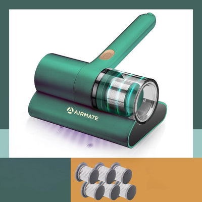 Green Airmate handheld mite removal instrument with transparent dust cup and six replacement filters. - Image 14