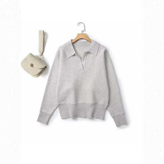 Suéter Polo Cuello V Manga Murciélago Lana Mezclada para Mujer - Image 2