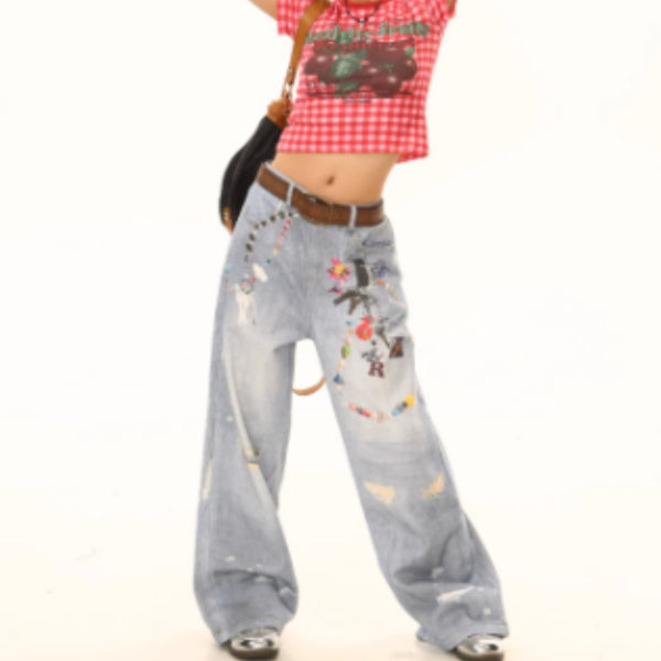 Jeans Holgados Estilo Americano con Estampado de Cadena para Mujer