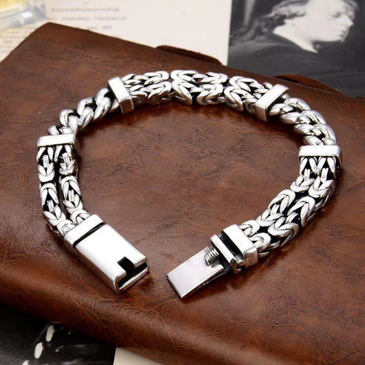 Pulsera de Plata Esterlina S925 Tejida Doble para Hombre Estilo Chino Moderno con Patrón de Seguridad - Image 4