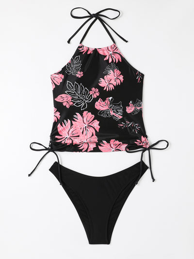 Black halter-neck tankini swimsuit with pink and white floral print, paired with solid black high-cut bikini bottoms. - Image 11