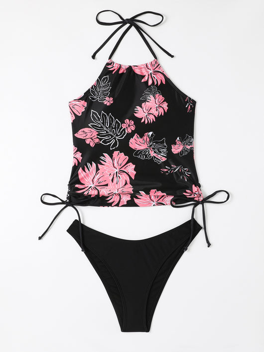 Black halter-neck tankini swimsuit with pink and white floral print, paired with solid black high-cut bikini bottoms. - Image 11