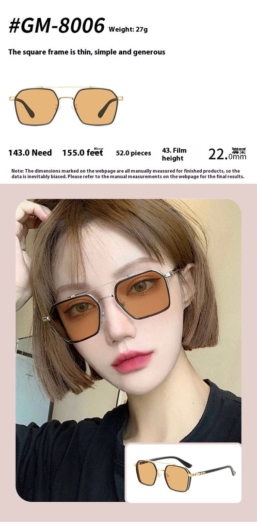 Black full-frame sunglasses with brown lenses, featuring a boxy style and visible dimensions. - Image 17