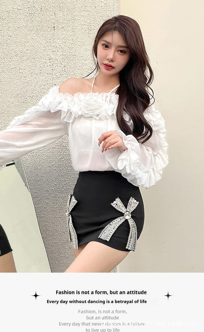 Blusa Chiffon Hombros Descubiertos Manga Larga - Image 16