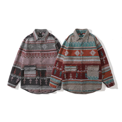Camisa Étnica Suelta de Lana con Contraste de Colores para Hombre - Image 4