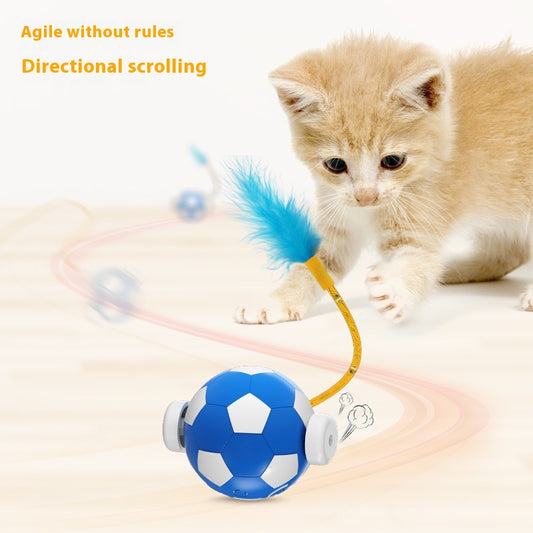 Interactive cat toy with a blue and white soccer ball, a flexible yellow rod with bells, and a blue feather.