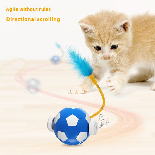 Interactive cat toy with a blue and white soccer ball, a flexible yellow rod with bells, and a blue feather.