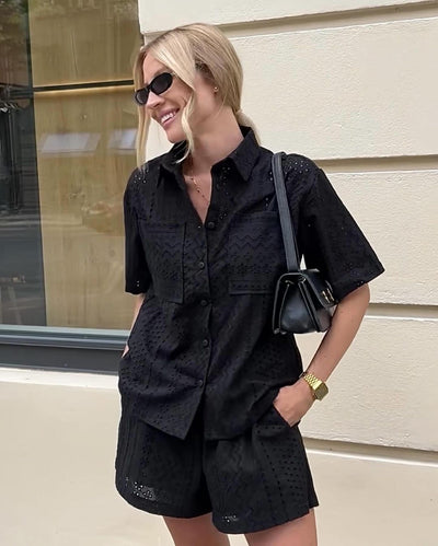 Blusa Corta con Cuello de Solapa y Detalles Calados para Mujer - Image 30