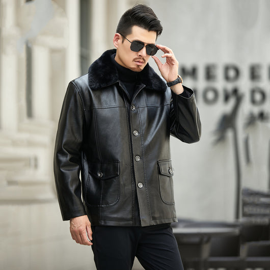 Abrigo de Cuero PU con Cuello de Piel para Hombre Maduro - Image 9