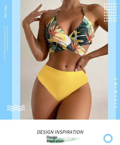 Women's two-piece swimsuit with a green, yellow, and orange tropical floral print halter top and solid yellow high-waisted bikini bottoms. - Image 12