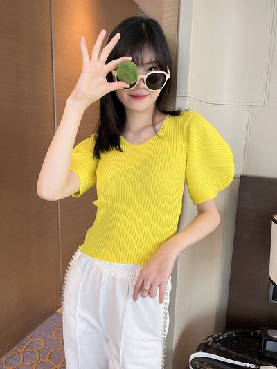 Blusa de Punto Escote en V con Mangas Abullonadas Holgadas - Image 3