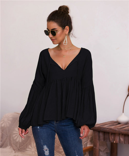Blusa V-Neck con Mangas Abullonadas en Colores Sólidos - Image 15