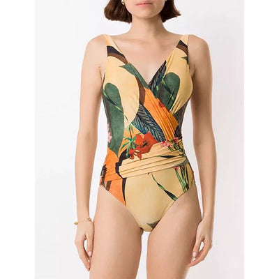 Two-piece tropical print swimsuit set with a V-neck one-piece and a matching long wrap skirt with tie waist. - Image 8