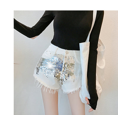 Shorts Anchos de Tiro Alto con Lentejuelas Doradas - Image 11