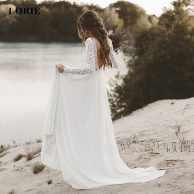 Vestido de Novia Playa Chifón Manga Larga Escote V Espalda Descubierta - Image 4