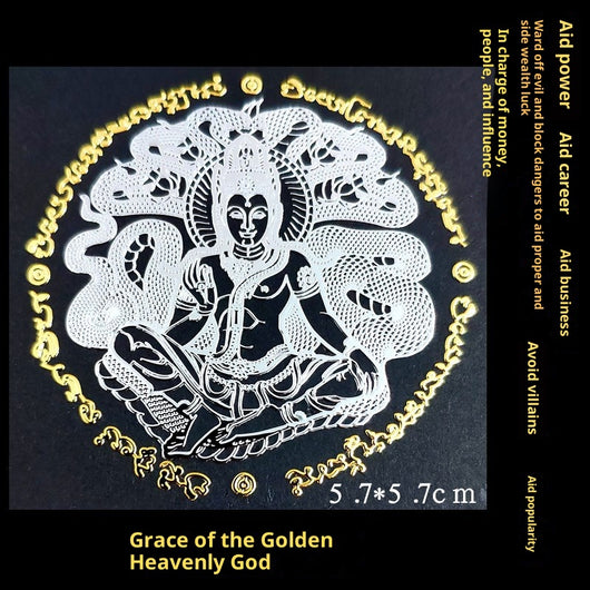Gold foil sticker featuring a stylized turtle with intricate Thai script and patterns on a light blue background. - Image 12