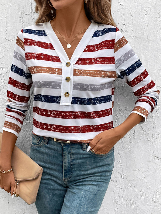 Blusa Mujer Rayas Cuello V Manga Larga con Detalles de Cierre - Image 9