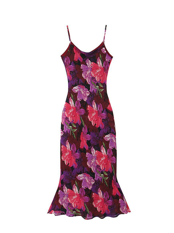 Vestido Vintage Floral Suspendido Púrpura Talla Grande