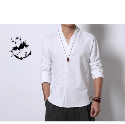 Camisa Lino Manga Larga Estilo Chino Retro para Hombre - Image 24