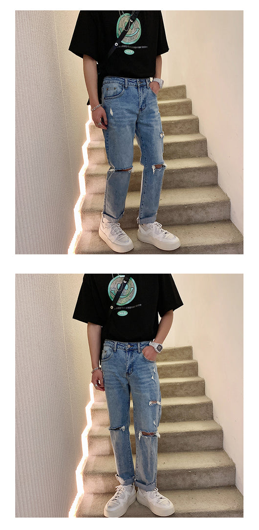 Pantalones Vaqueros Rotos Hombre Estilo Retro Japonés Cintura Suelta Pierna Recta - Image 4