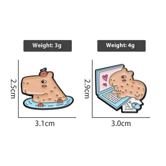 Cute capybara enamel brooch wearing a pink donut with sprinkles and "DONUT WORRY BE CAPPY" text. - Image 41