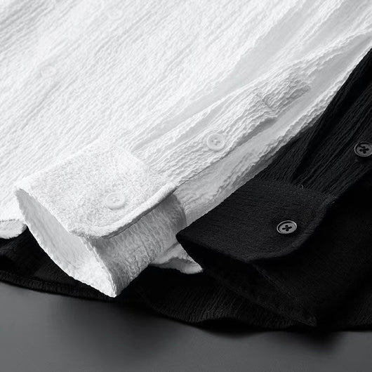 Camisa Casual Seersucker a Rayas para Hombre - Cuello Mao Ligera Perfecta para Verano - Image 12