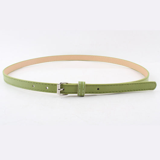 Thin brown imitation leather belt with a small silver D-shaped pin buckle, displayed on a white background. - Image 3