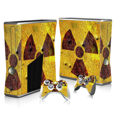 Radioactive symbol gaming console and controller skin set with a distressed yellow and brown grunge pattern. - Image 19