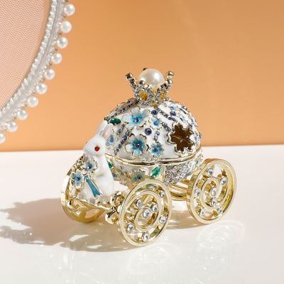 White and gold princess carriage trinket box with a crown, pearl, and bunny figurine, adorned with rhinestones. - Image 6